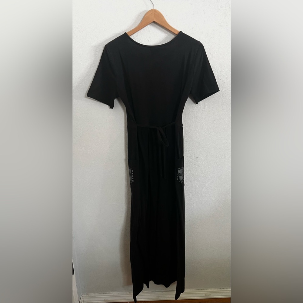 Bobbie Brooks 100% Cotton Vintage Black Maxi Dress Gray Fall Leafs Size Small - Picture 7 of 16